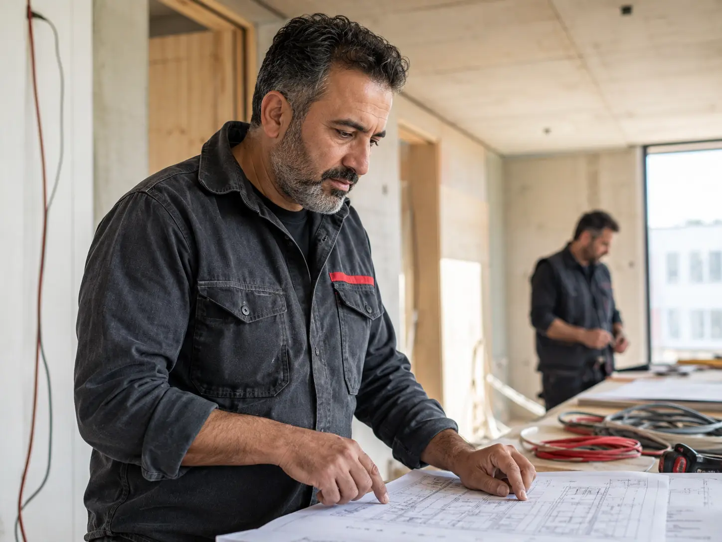 Elektrofachmann bei der technischen Planung auf einer Baustelle